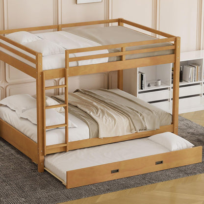 Wood Queen Size Bunk Bed with Ladder and Trundle, Wood Color