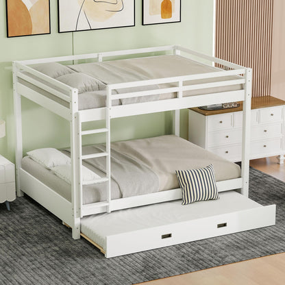 Wood Queen Size Bunk Bed with Ladder and Trundle, White