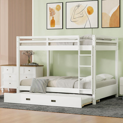 Wood Queen Size Bunk Bed with Ladder and Trundle, White