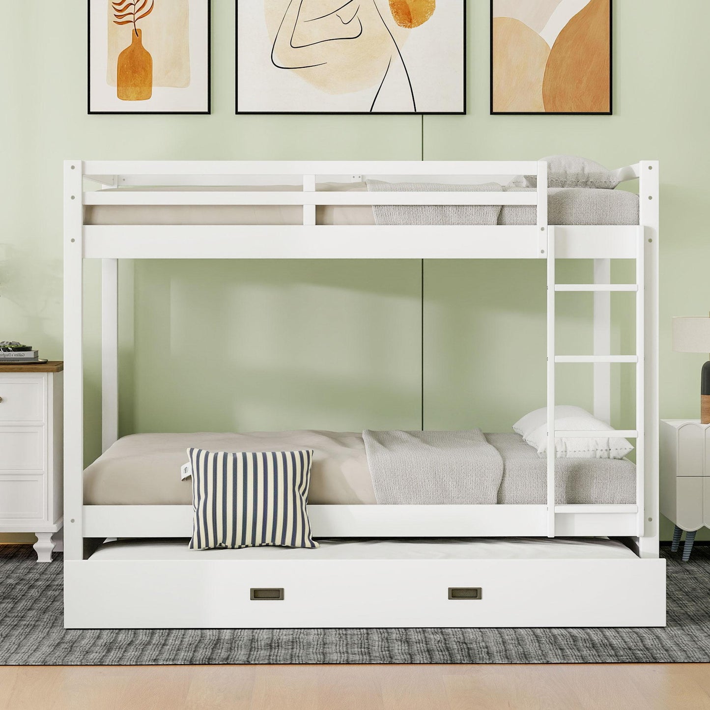 Wood Queen Size Bunk Bed with Ladder and Trundle, White