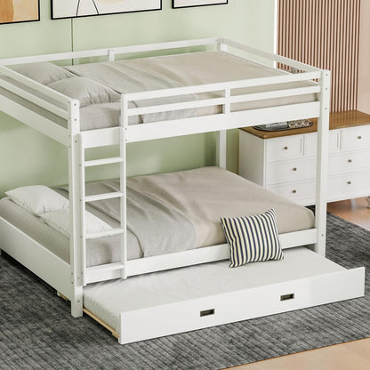 Wood Queen Size Bunk Bed with Ladder and Trundle, White