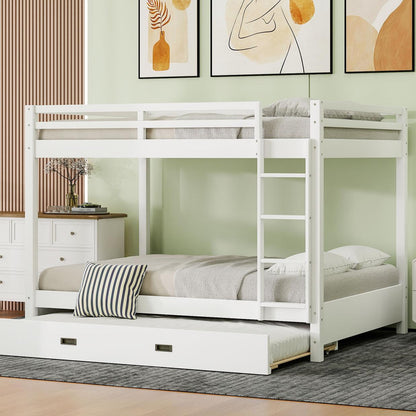 Wood Queen Size Bunk Bed with Ladder and Trundle, White