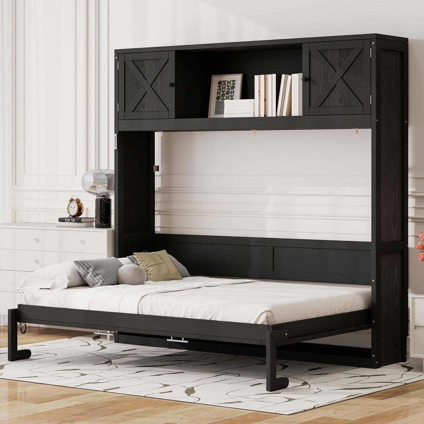Full Size Murphy Bed with Storage Cabinets, Black
