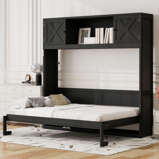 Full Size Murphy Bed with Storage Cabinets, Black