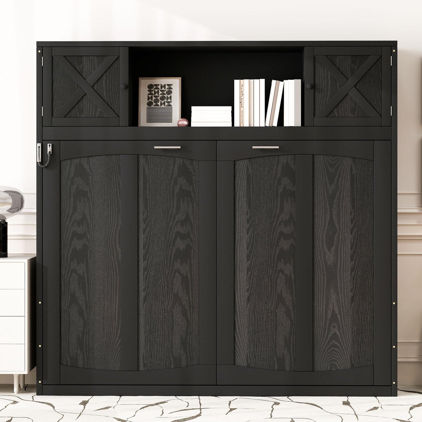 Full Size Murphy Bed with Storage Cabinets, Black
