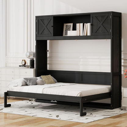Full Size Murphy Bed with Storage Cabinets, Black