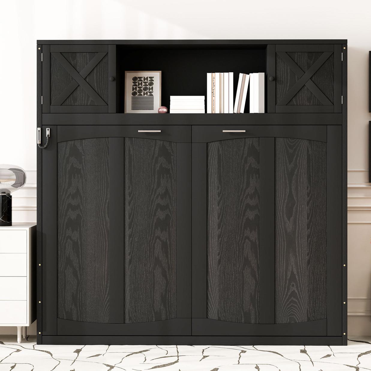 Full Size Murphy Bed with Storage Cabinets, Black