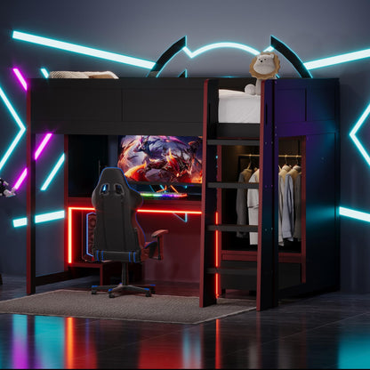 Wood Twin Size Gaming Loft Bed with Built-in Desk, Wardrobe, LED and a Drawer, Black