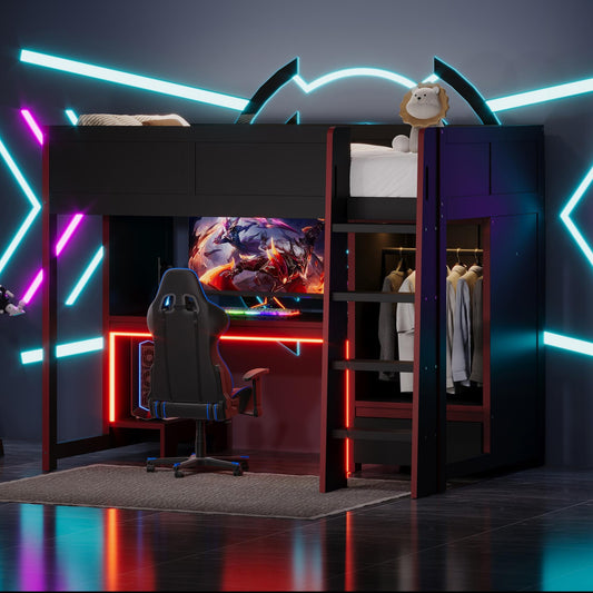 Wood Twin Size Gaming Loft Bed with Built-in Desk, Wardrobe, LED and a Drawer, Black