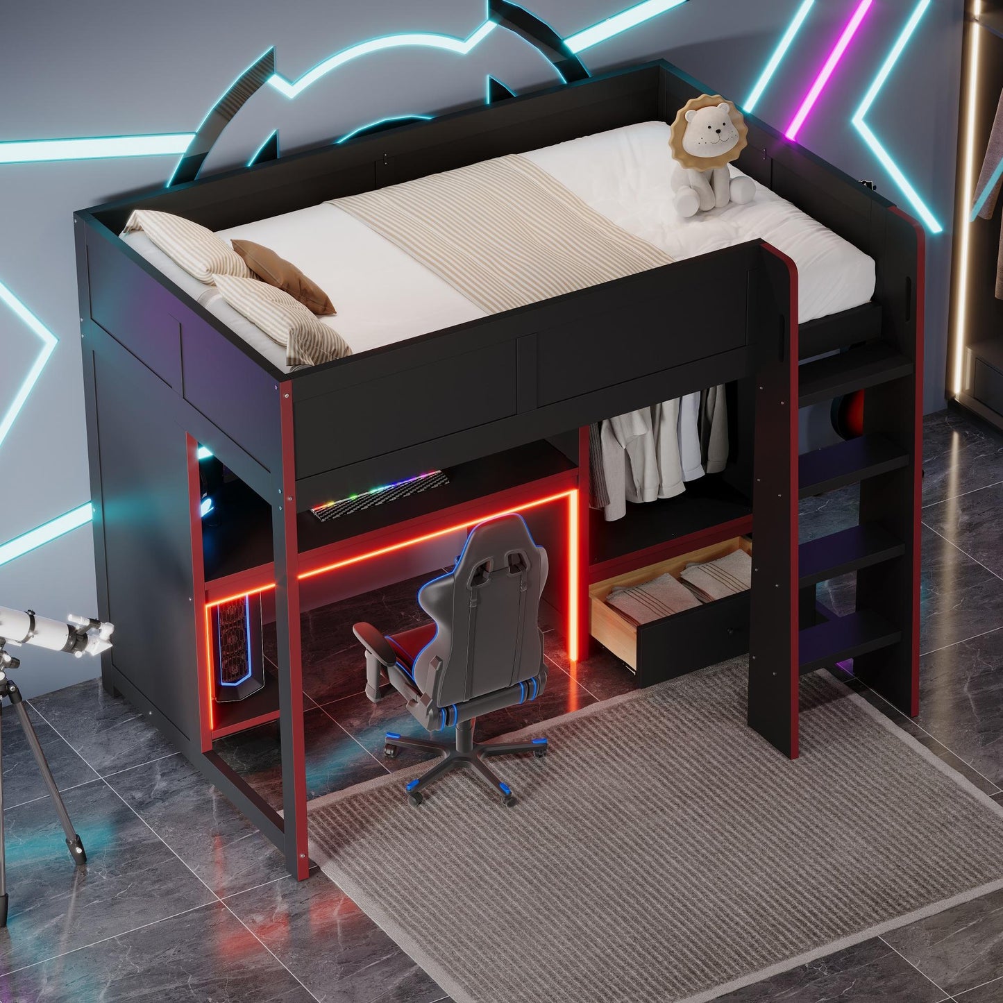 Wood Twin Size Gaming Loft Bed with Built-in Desk, Wardrobe, LED and a Drawer, Black