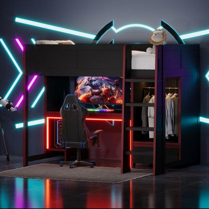 Wood Twin Size Gaming Loft Bed with Built-in Desk, Wardrobe, LED and a Drawer, Black