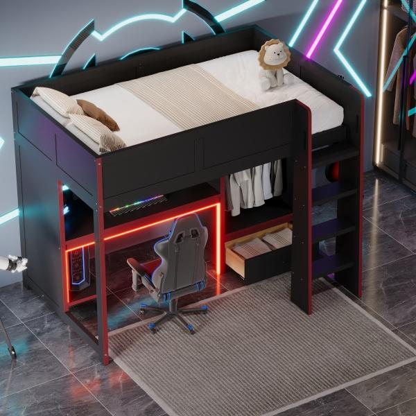 Wood Twin Size Gaming Loft Bed with Built-in Desk, Wardrobe, LED and a Drawer, Black