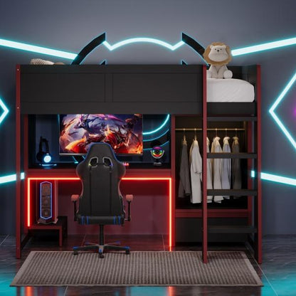 Wood Twin Size Gaming Loft Bed with Built-in Desk, Wardrobe, LED and a Drawer, Black