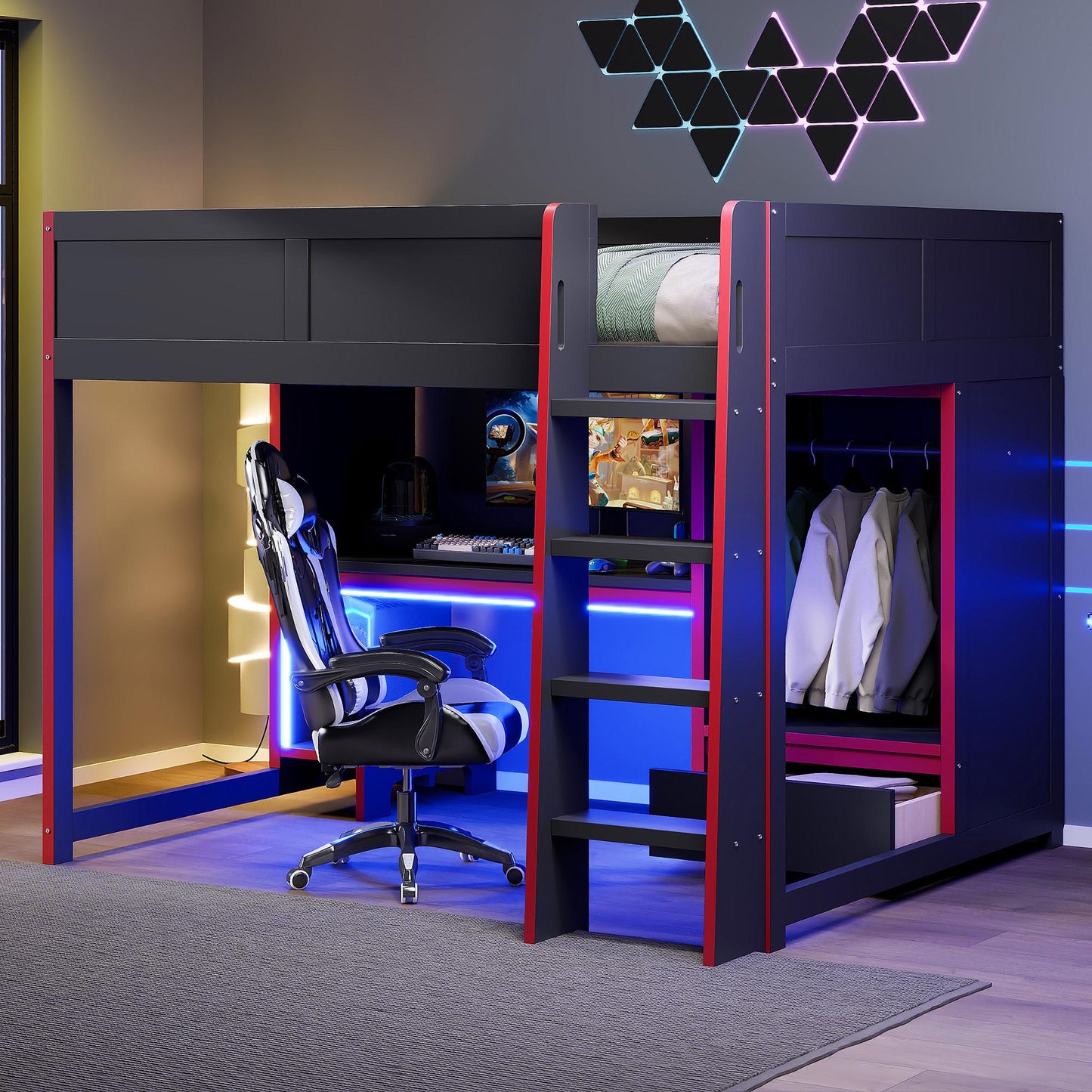 Wood Full Size Gaming Loft Bed with Built-in Desk, Wardrobe, LED and a Drawer, Black