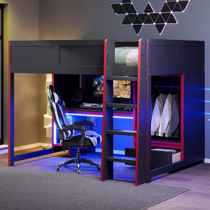 Wood Full Size Gaming Loft Bed with Built-in Desk, Wardrobe, LED and a Drawer, Black