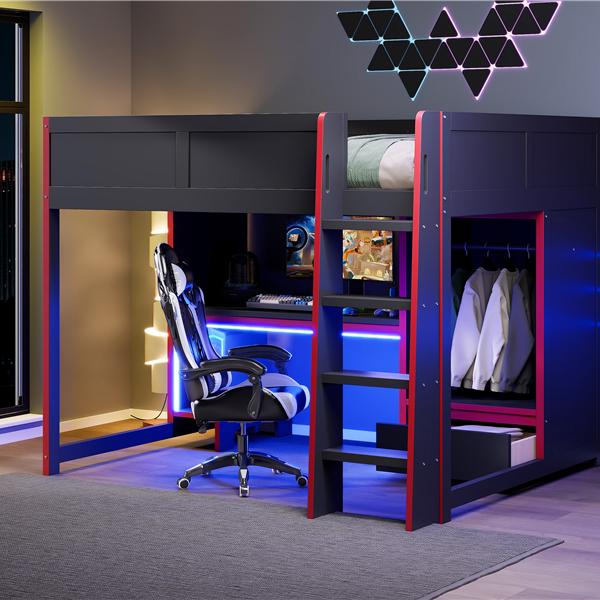 Wood Full Size Gaming Loft Bed with Built-in Desk, Wardrobe, LED and a Drawer, Black