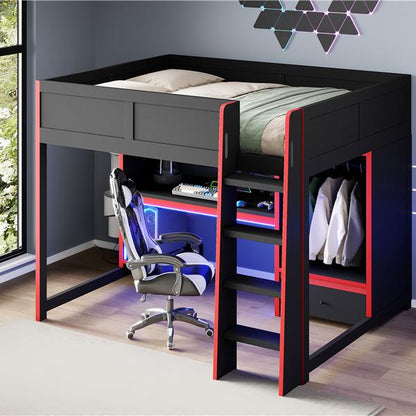 Wood Full Size Gaming Loft Bed with Built-in Desk, Wardrobe, LED and a Drawer, Black