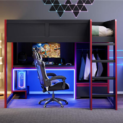 Wood Full Size Gaming Loft Bed with Built-in Desk, Wardrobe, LED and a Drawer, Black