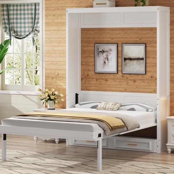 Full Size Murphy Bed with 2 Drawers, Beige