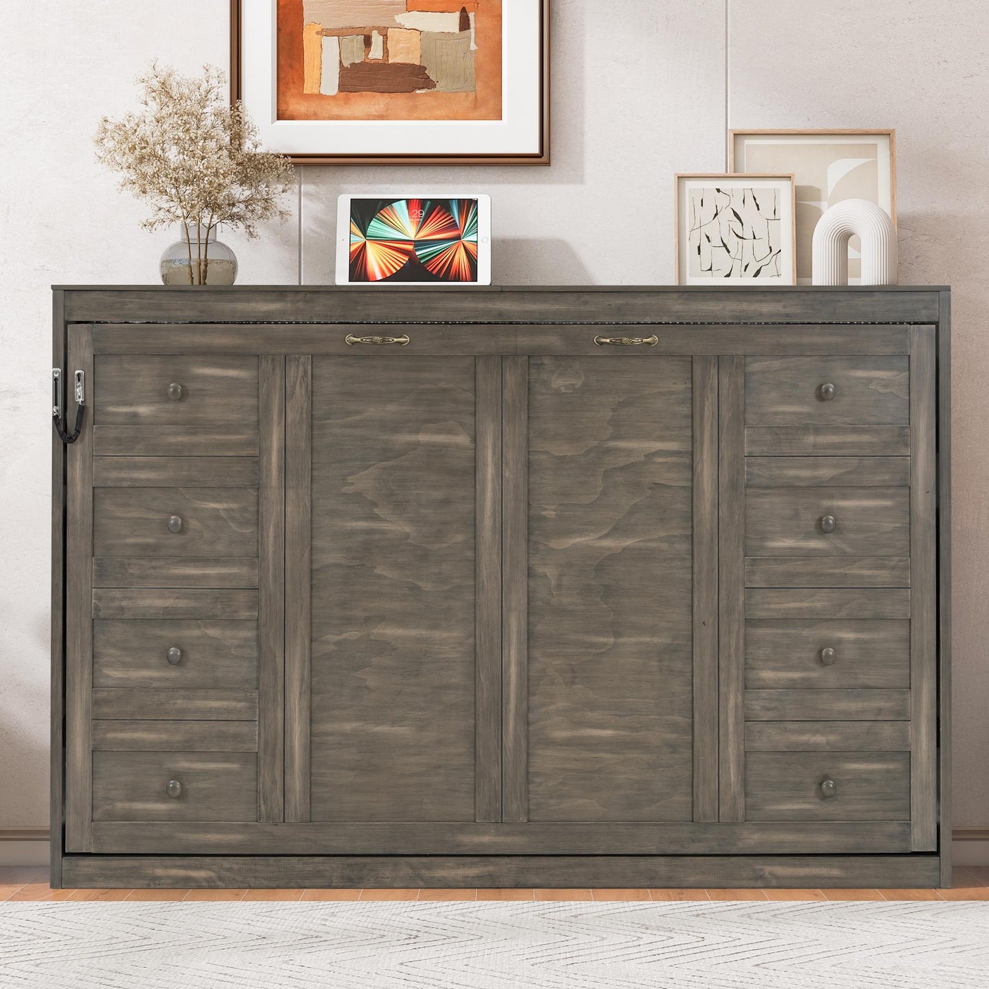 Twin Size Murphy Bed with LED Light,can be Folded into a Cabinet,Hidden Wall Bed Cabinet,Brown