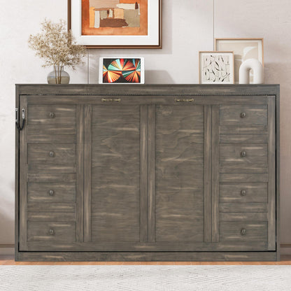 Twin Size Murphy Bed with LED Light,can be Folded into a Cabinet,Hidden Wall Bed Cabinet,Brown