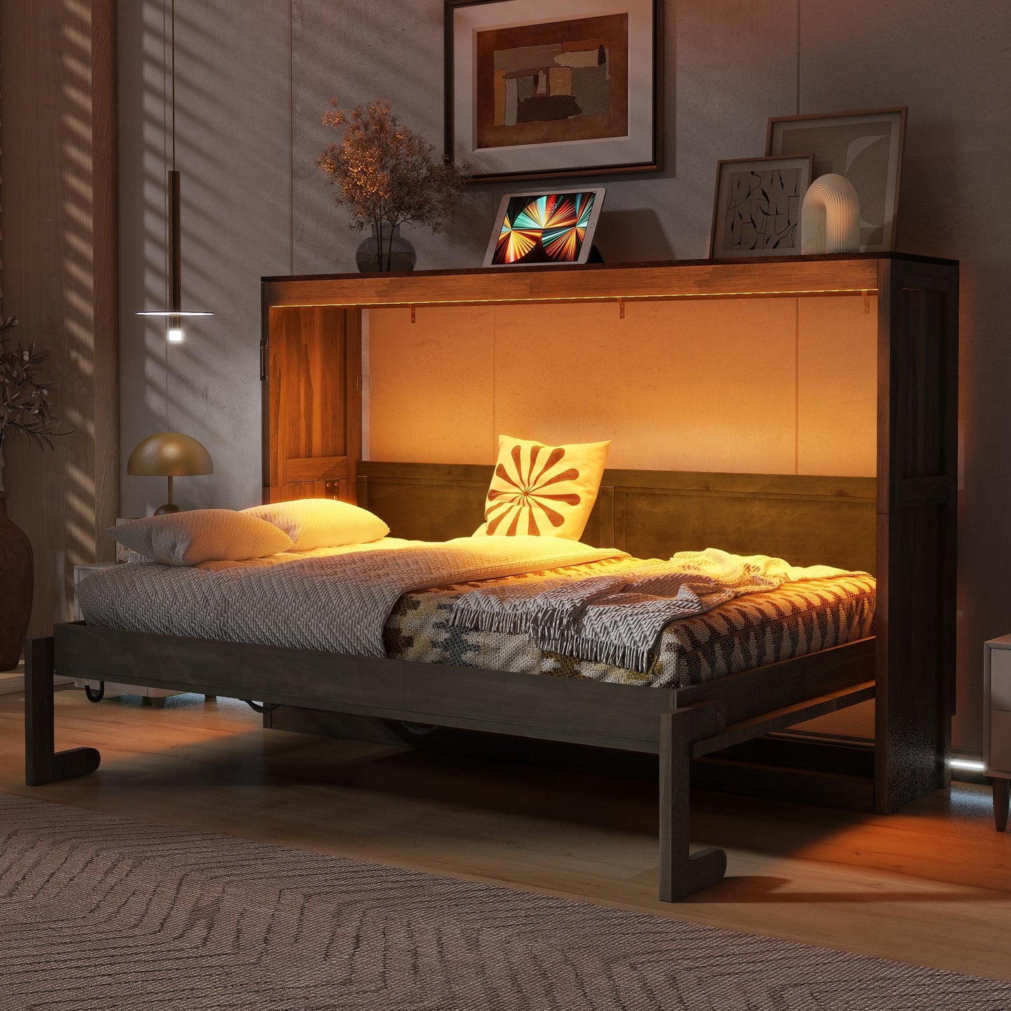 Twin Size Murphy Bed with LED Light,can be Folded into a Cabinet,Hidden Wall Bed Cabinet,Brown