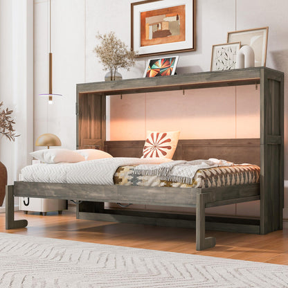 Twin Size Murphy Bed with LED Light,can be Folded into a Cabinet,Hidden Wall Bed Cabinet,Brown