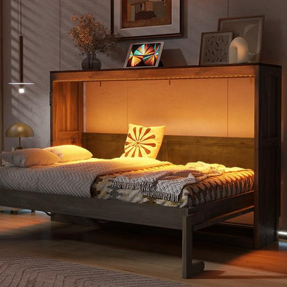 Twin Size Murphy Bed with LED Light,can be Folded into a Cabinet,Hidden Wall Bed Cabinet,Brown