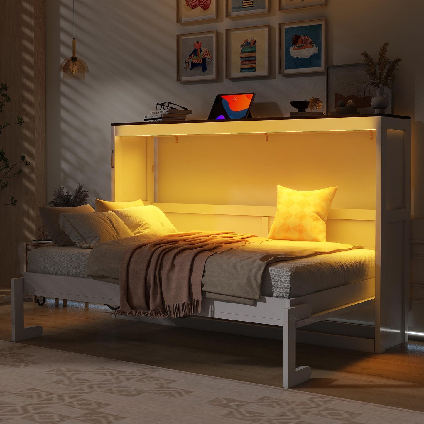 Twin Size Murphy Bed with LED Light,can be Folded into a Cabinet,Hidden Wall Bed Cabinet,White+Brown