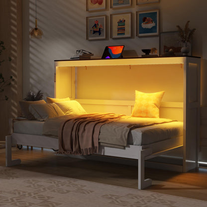 Twin Size Murphy Bed with LED Light,can be Folded into a Cabinet,Hidden Wall Bed Cabinet,White+Brown