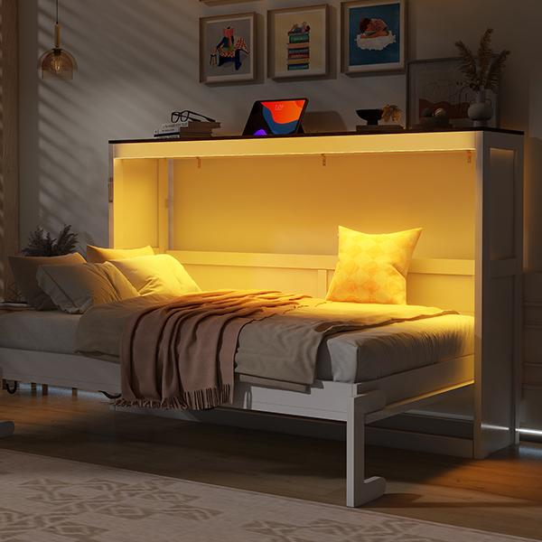 Twin Size Murphy Bed with LED Light,can be Folded into a Cabinet,Hidden Wall Bed Cabinet,White+Brown