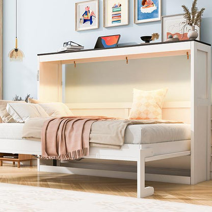 Twin Size Murphy Bed with LED Light,can be Folded into a Cabinet,Hidden Wall Bed Cabinet,White+Brown