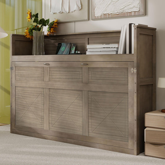 Twin XL Size Murphy Bed with Desk,LED Light and USB Charging Station,Gray Wash