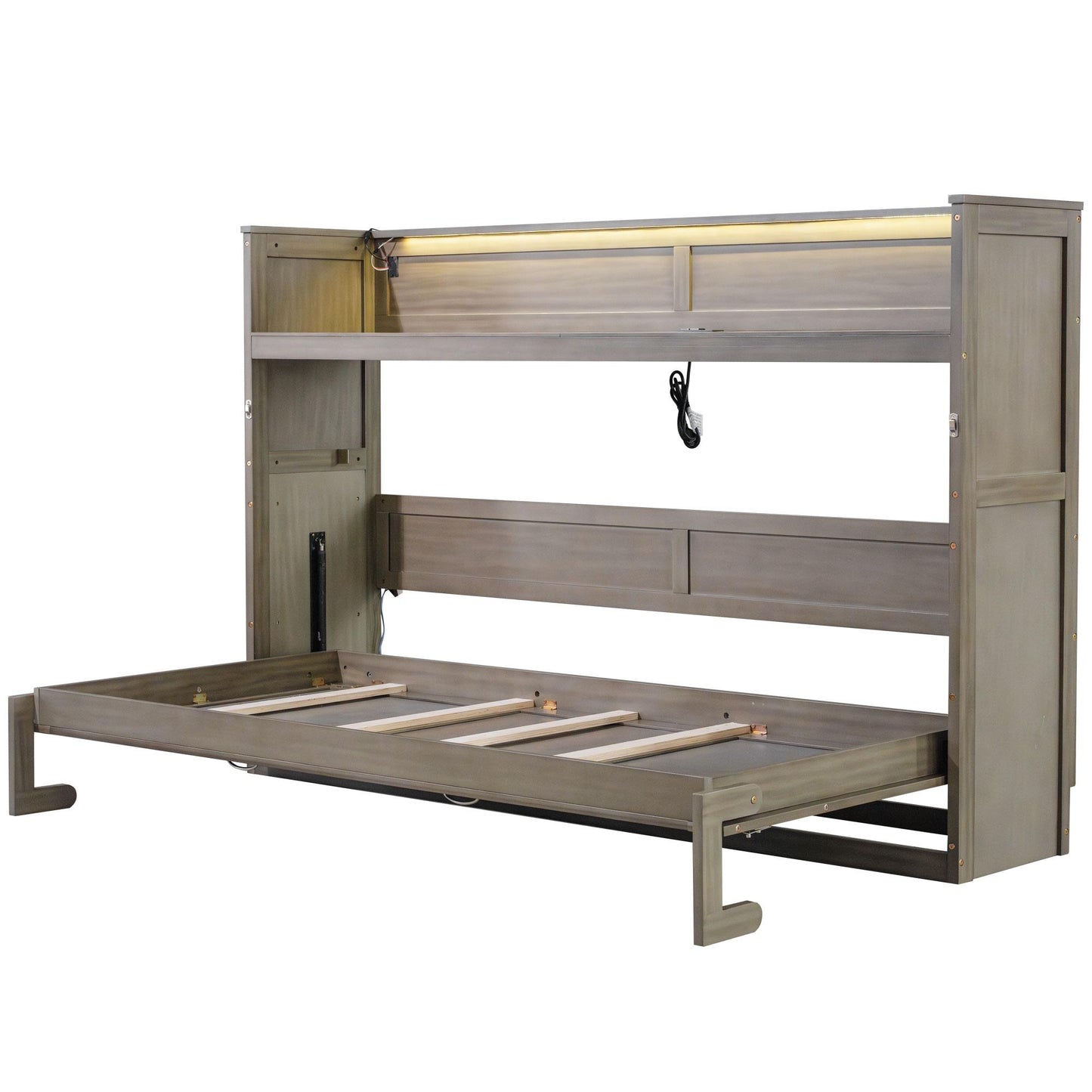 Twin XL Size Murphy Bed with Desk,LED Light and USB Charging Station,Gray Wash