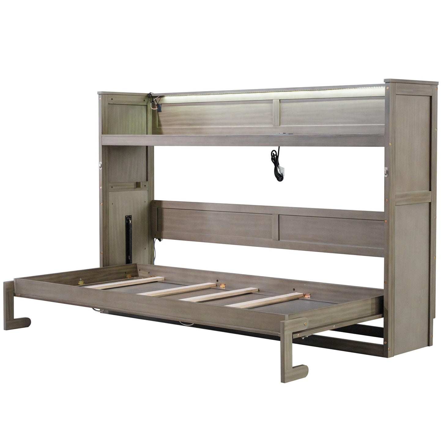 Twin XL Size Murphy Bed with Desk,LED Light and USB Charging Station,Gray Wash