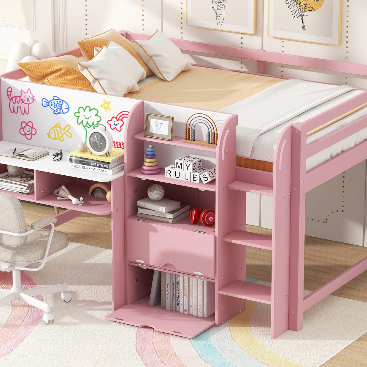 Full Size Low Loft Bed with Built-in Desk,Storage Cabinets and Open Bookcase,Whiteboard for Graffiti,Pink