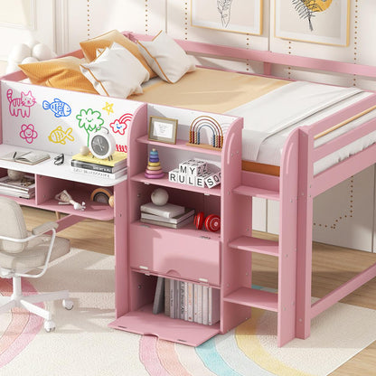 Full Size Low Loft Bed with Built-in Desk,Storage Cabinets and Open Bookcase,Whiteboard for Graffiti,Pink