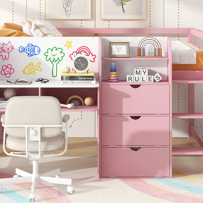 Full Size Low Loft Bed with Built-in Desk,Storage Cabinets and Open Bookcase,Whiteboard for Graffiti,Pink