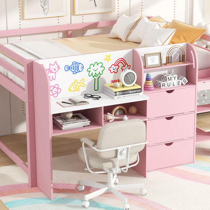 Full Size Low Loft Bed with Built-in Desk,Storage Cabinets and Open Bookcase,Whiteboard for Graffiti,Pink
