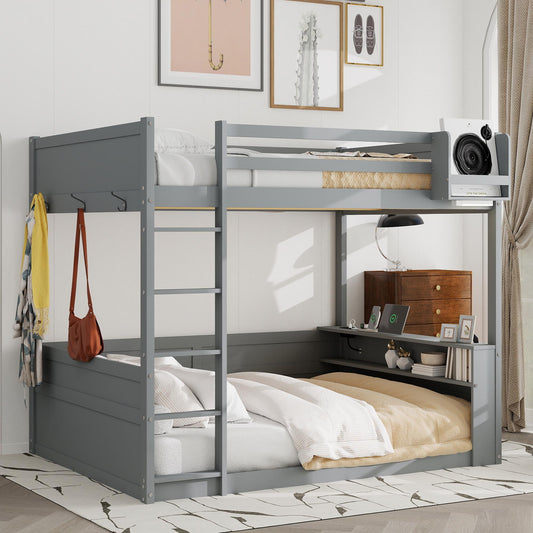 Queen Size Wooden Bunk Bed with Built-in Shelves,Storage Box,LED Light and USB Charging Station,Grey