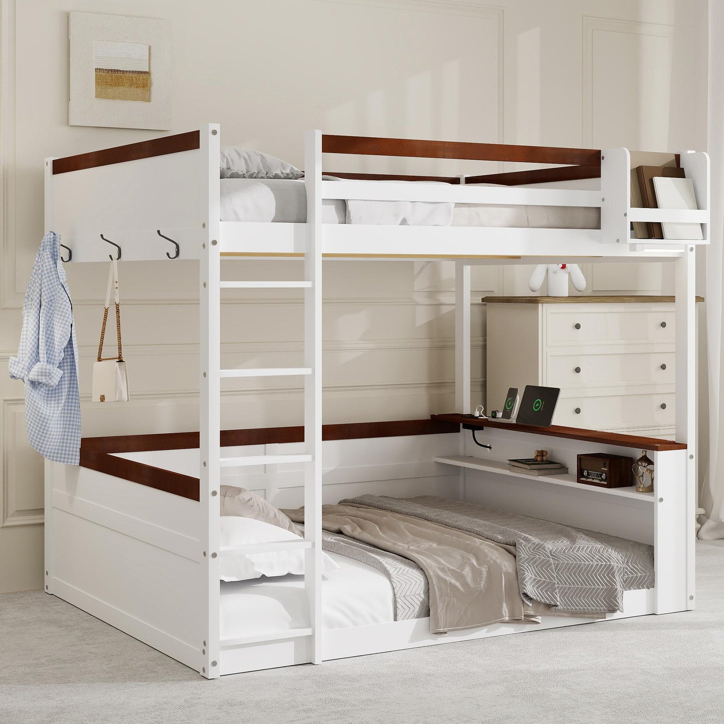 Queen Size Wooden Bunk Bed with Built-in Shelves,Storage Box,LED Light and USB Charging Station,White