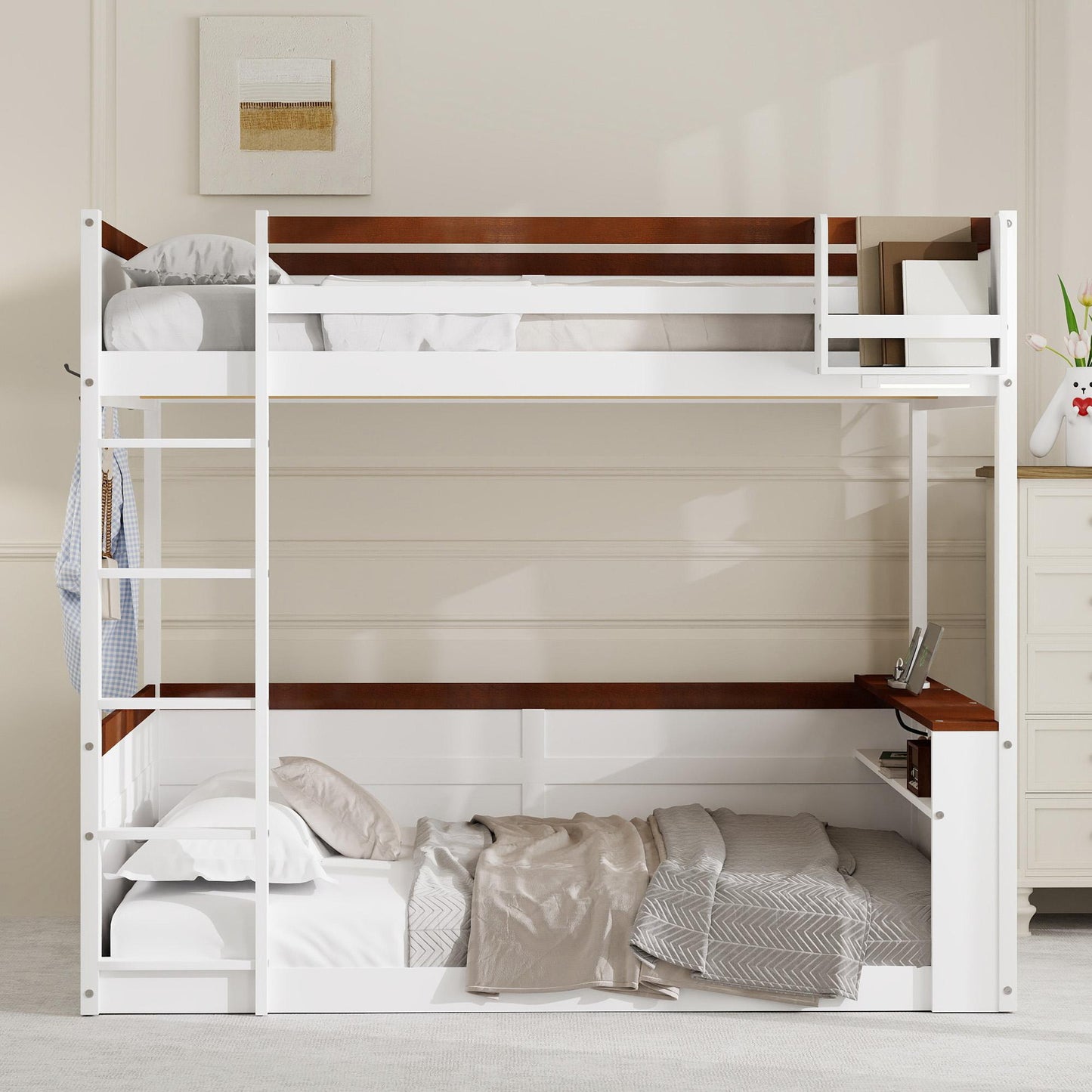 Queen Size Wooden Bunk Bed with Built-in Shelves,Storage Box,LED Light and USB Charging Station,White