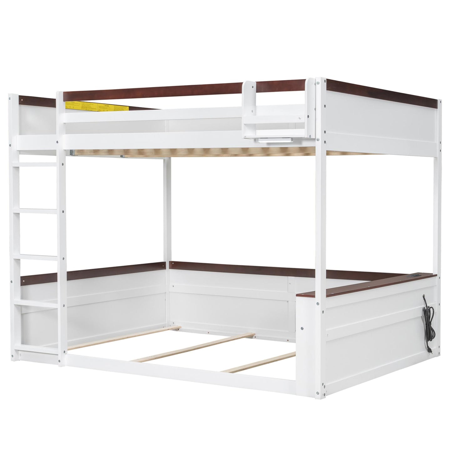 Queen Size Wooden Bunk Bed with Built-in Shelves,Storage Box,LED Light and USB Charging Station,White