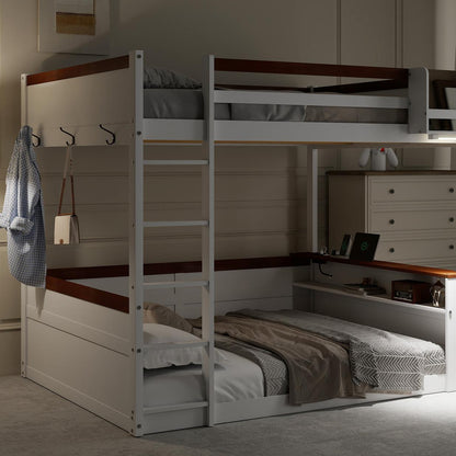 Queen Size Wooden Bunk Bed with Built-in Shelves,Storage Box,LED Light and USB Charging Station,White