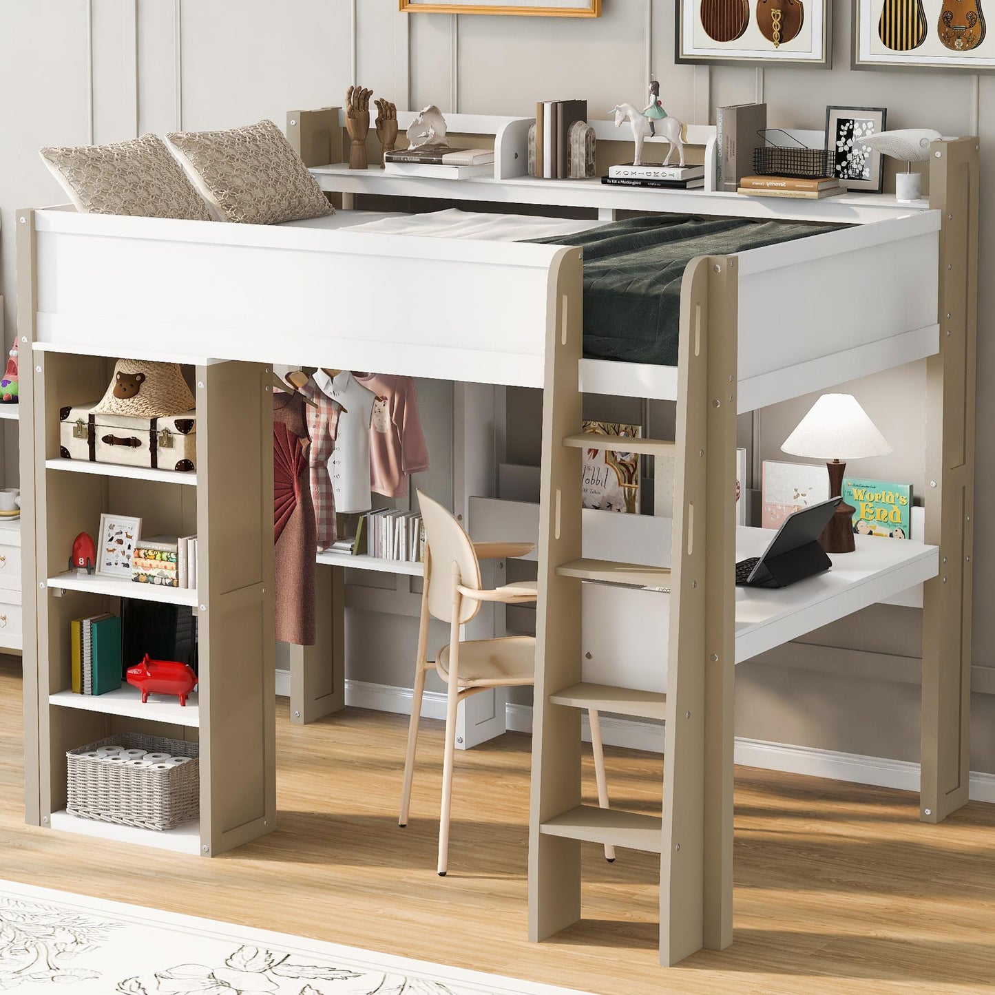Full Size Wood Loft Bed with Built-in storage shelves, Clothes rails and desk, White+Naturel