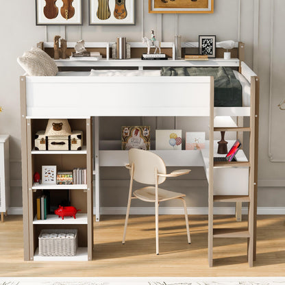 Full Size Wood Loft Bed with Built-in storage shelves, Clothes rails and desk, White+Naturel