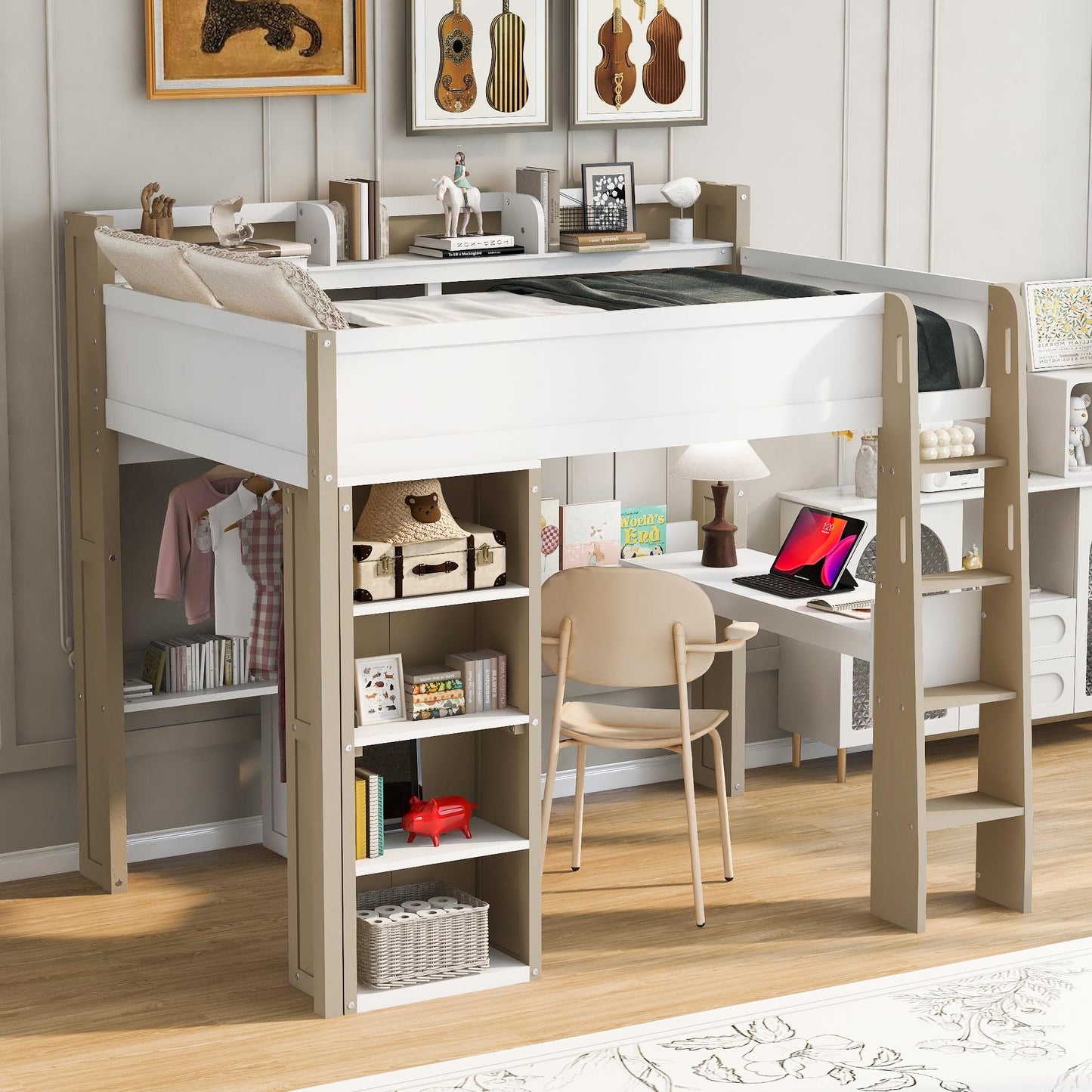 Full Size Wood Loft Bed with Built-in storage shelves, Clothes rails and desk, White+Naturel