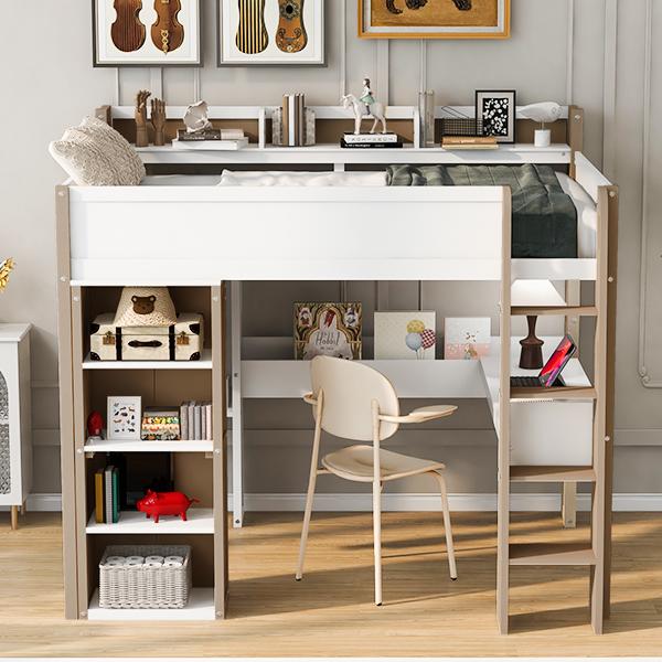 Full Size Wood Loft Bed with Built-in storage shelves, Clothes rails and desk, White+Naturel