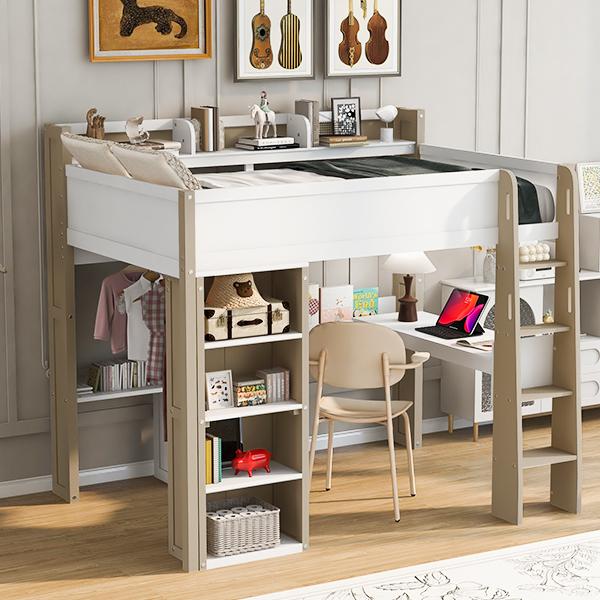Full Size Wood Loft Bed with Built-in storage shelves, Clothes rails and desk, White+Naturel