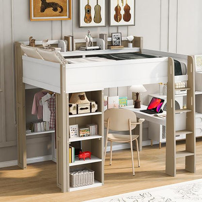 Full Size Wood Loft Bed with Built-in storage shelves, Clothes rails and desk, White+Naturel